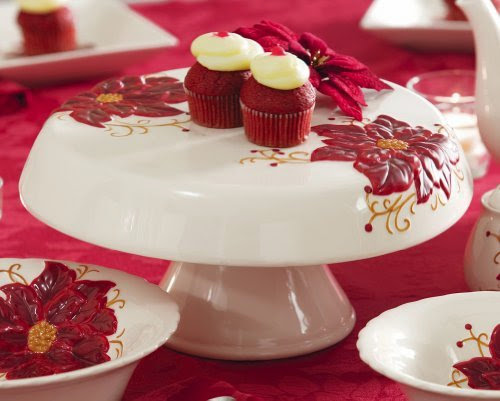 Red Poinsettia Christmas Holiday Pedestal Cake Stand