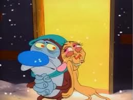 Ren and Stimpy in the snow under some mistletoe.