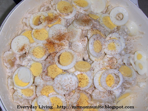 photo of eggs being added to the German potato salad