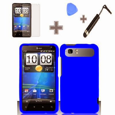(4 Items Combo : Case - Screen Protector Film - Case Opener - Stylus Pen) Rubberized Solid Blue Color Snap on Hard Case Skin Cover Faceplate for HTC Vivid / Holiday (AT & T)