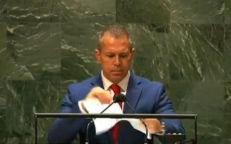Obsessive anti-Israel bias&#39;: Erdan rips up human rights report at UN podium  | The Times of Israel