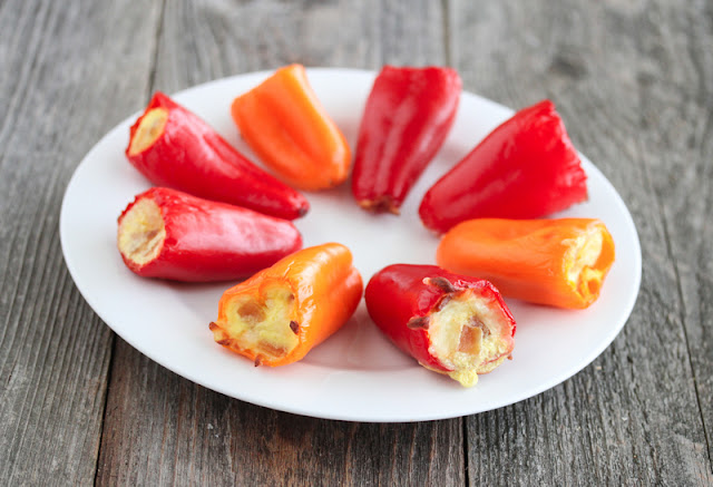 Omelette Stuffed Peppers fanned out on a white plate