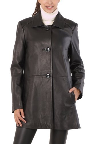 BGSD Women's Three Quarter New Zealand Lambskin Leather A-Line Coat - Black 3X