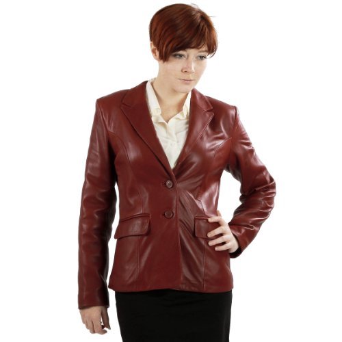 United Face Womens Two Button Lambskin Leather Blazer, Burgundy, Medium
