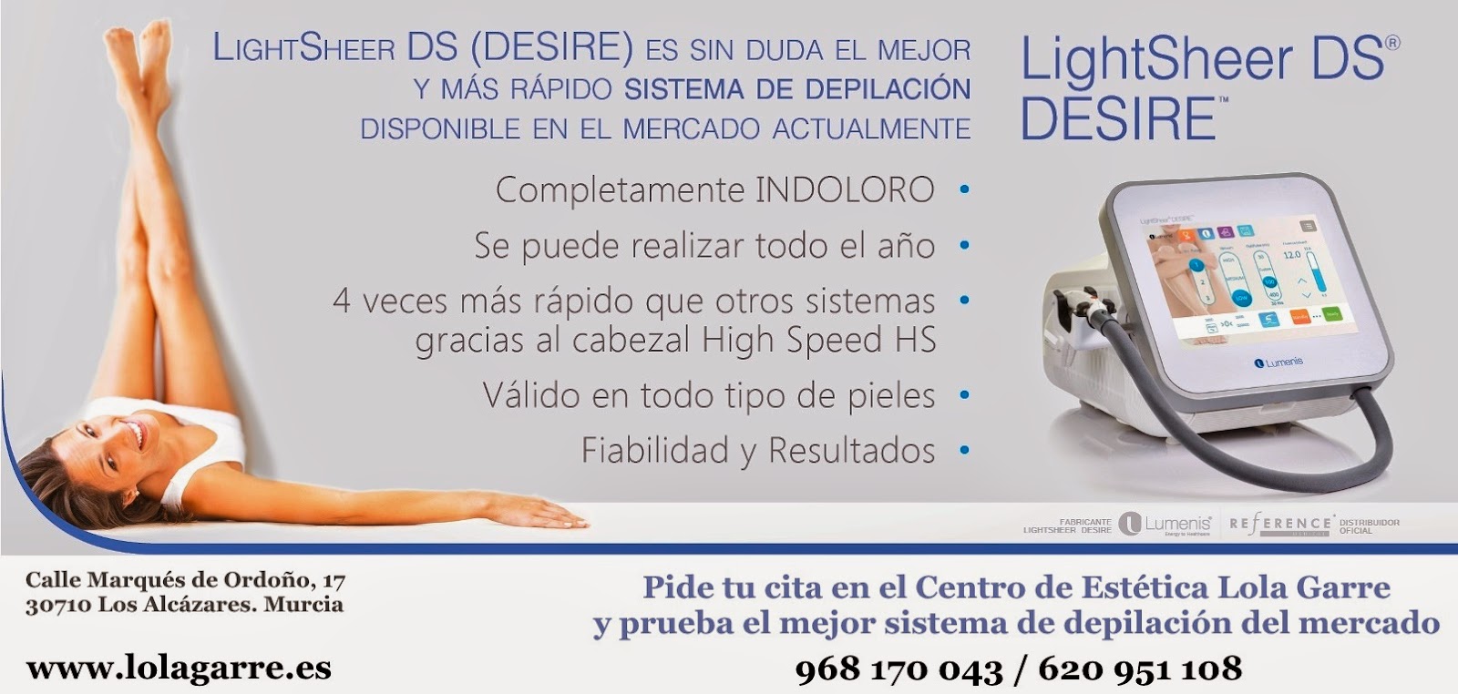 LightSheer DESIRE produce un haz más amplio de luz altamente concentrada. La luz emitida es absorbida por el pigmento localizado en los folículos pilosos. Durante el procedimiento, los pulsos de láser para una fracción de segundo, permitiendo al cabello absorber la luz y calentarse. A medida que se calienta, el bulbo resulta dañado, de forma que se obstaculiza de manera significativa su capacidad para volver a crecer. Gracias al gran tamaño del spot, el proceso trata a numerosos folículos pilosos simultáneamente, haciendo que el tratamiento sea mucho más rápido que las alternativas tradicionales de depilación láser. Informate http://www.lolagarre.es/servicios/depilacion-laser/laser-diodo-lightsheer-desire