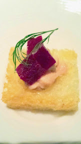 BlueHour Portland, amuse bouche of grilled brioche with salmon and beets