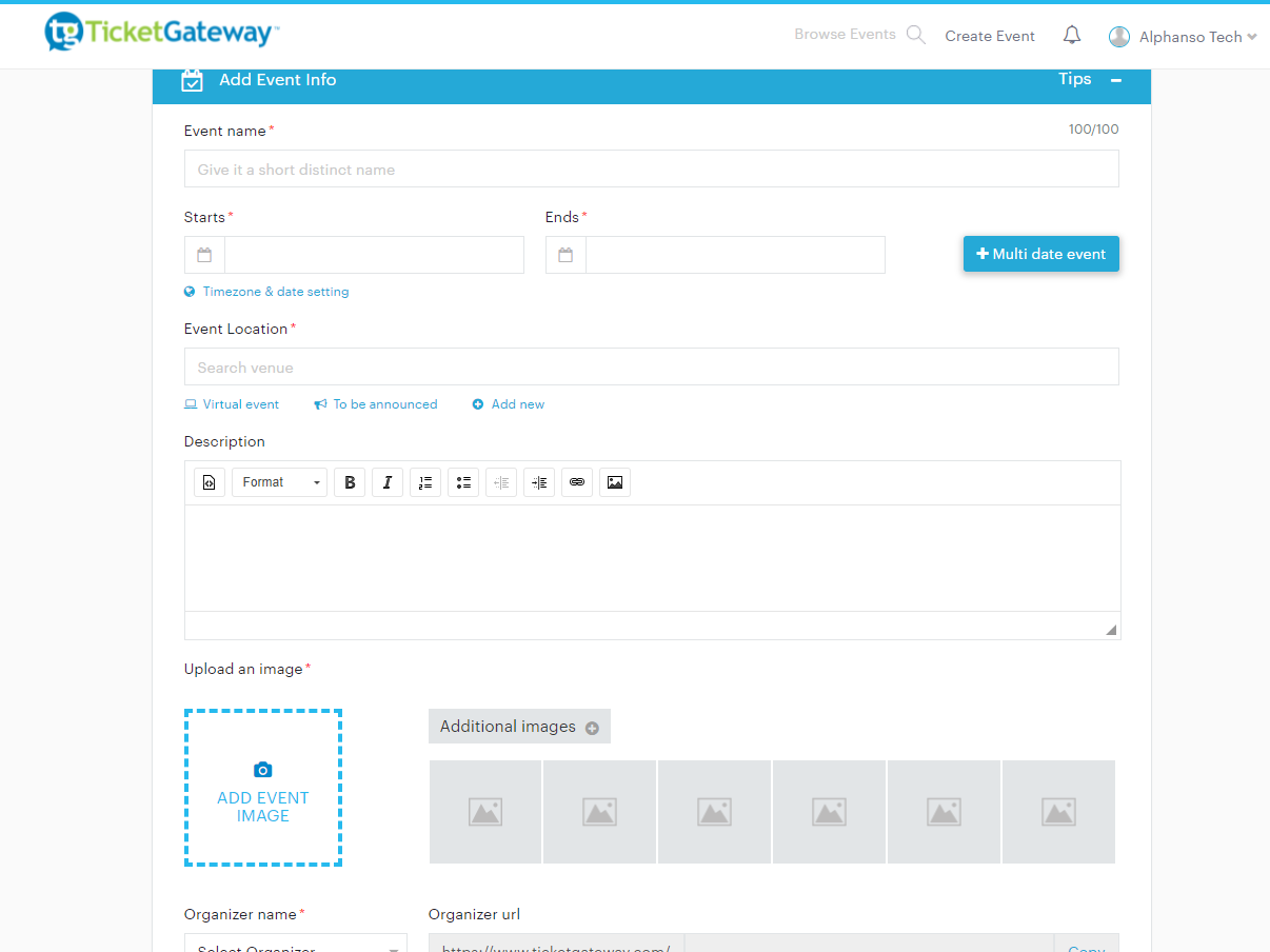 Create event on  Ticketgateway