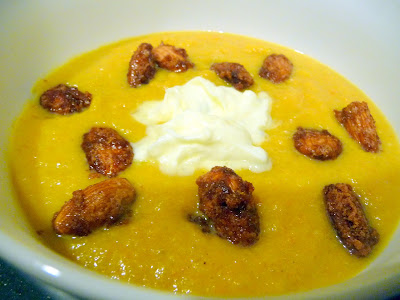 Butternut Squash and Ale Soup with Candied Almonds and homemade Mascarpone with Cambozola