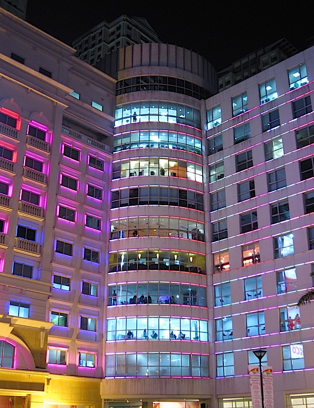 colored lights on a BPO center in Eastwood