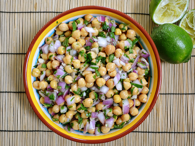 top view of a bowl of cumin lime chickpeas