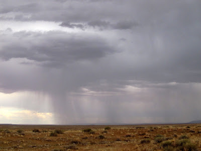 On the flats between Iron Wash and Ernie Canyon, with rain falling to the east in the San Rafael Desert