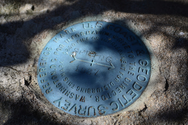 green circle with writing on it cemented into a rock