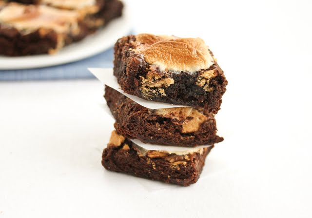 close-up photo of a stack of three S'mores Brownies