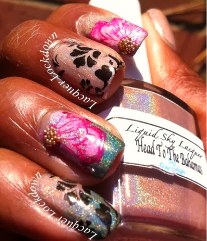 lacquer lockdown, liquid sky lacquer, holographic polish, indie nail poilish, nude holographic polish, floral nail art, nail art, stamping, winstonia store stamping plates, W-04, advanced stamping technique, cute nails, pretty nails, easy nail art, konad, bundle monster
