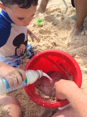 We are bringing these ingredients TO the beach to make sand slime! Sensory play is fun anywhere! 