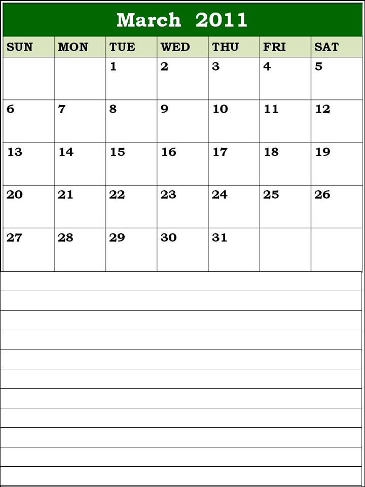 blank calendar march 2011 printable. Monthly Blank Calendar
