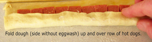 folding dough around the hot dogs.
