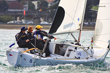 J/22 one-design sailboat- US Navy Sailing Team- sailing match race on San Francisco Bay, CA
