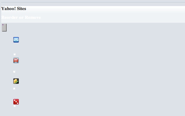 improperly rendered Yahoo page with icons incorrectly displayed in a long column