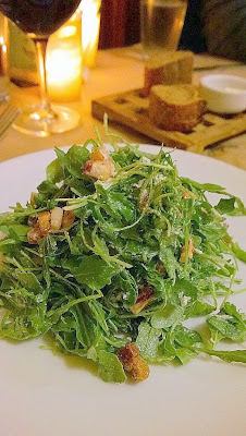 the girl and the fig and starter of a Fig and Arugula Salad with toasted pecans, pancetta, Laura Chenel Chevre and a Fig and port vinaigrette