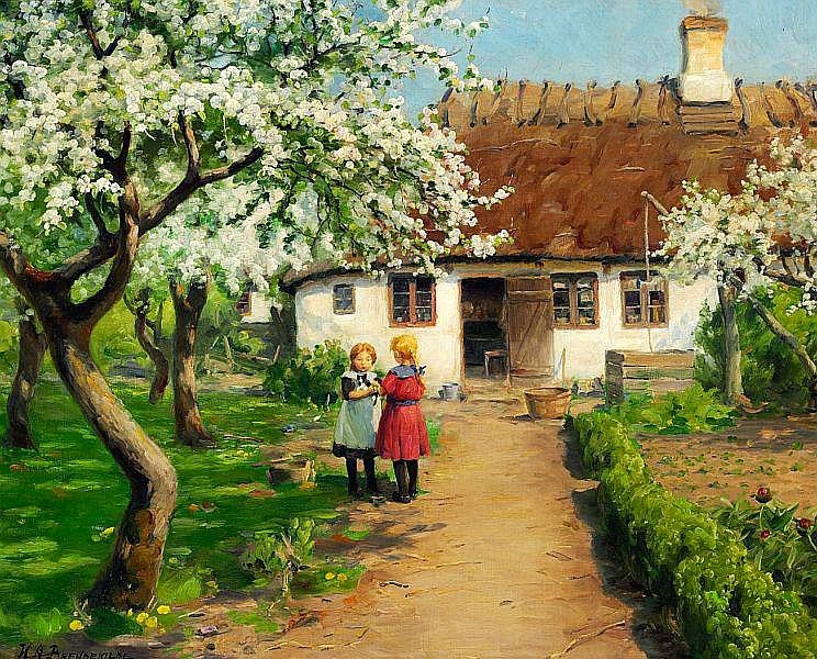 Hans Anderson Brendekilde - Two little girls in the garden with a kitten under a fruit tree in bloom