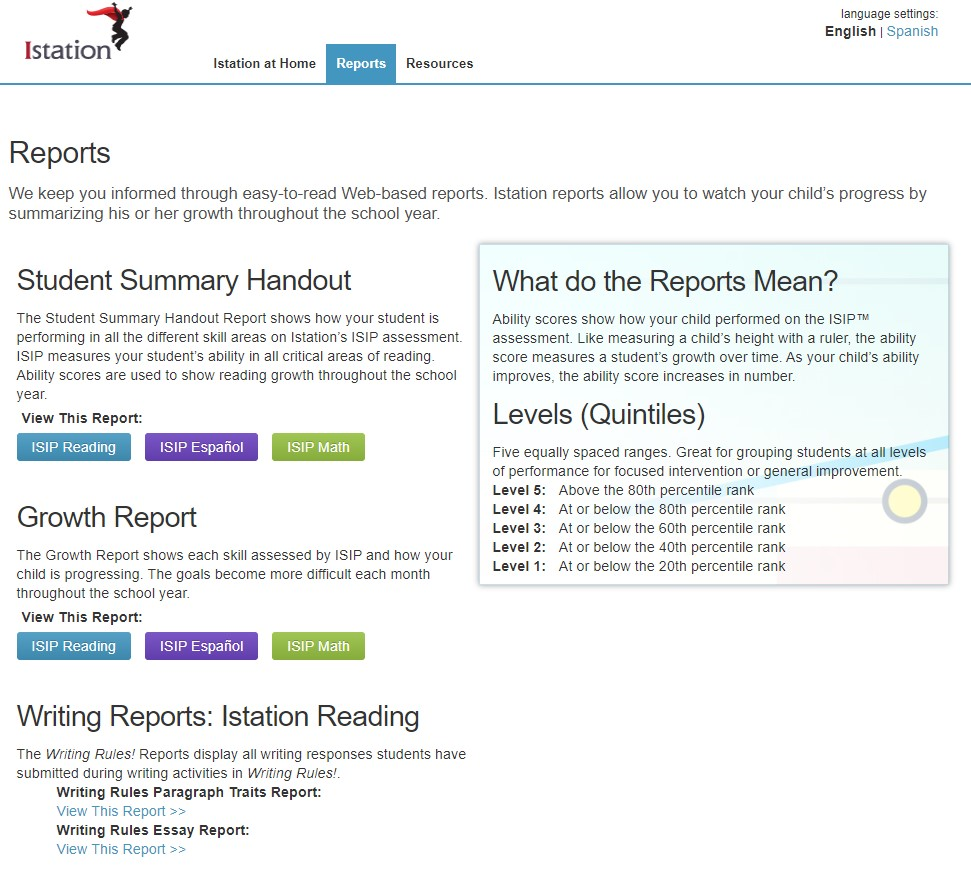 Parent portal opened to the reports tab showing the options to view student reports.