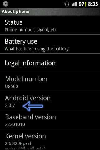 android 2.3.7 in u8500 about phone Install Android 2.3.7 in your GP Crystal/Huawei U8500