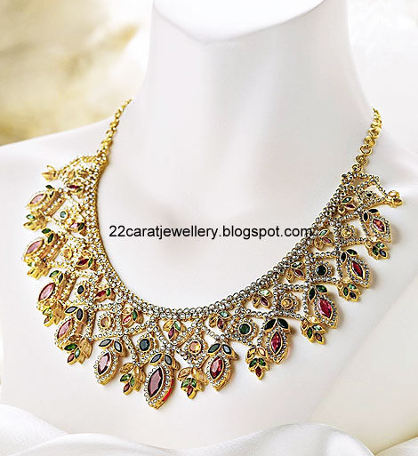 Tanishq Diamond Necklace Set with Gemstones and Earrings - Jewellery Designs