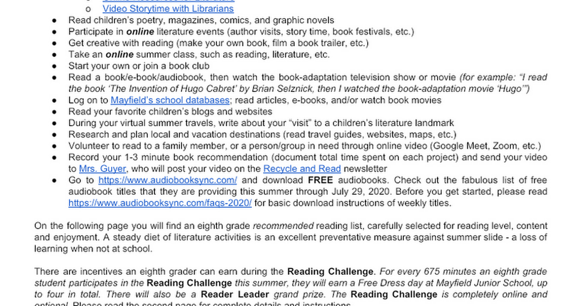8th Grade Summer Reading 2020