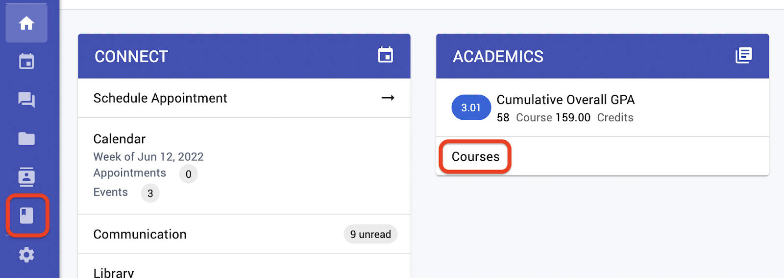 The Courses link on the Academics card opens the same page as Course History on the left menu