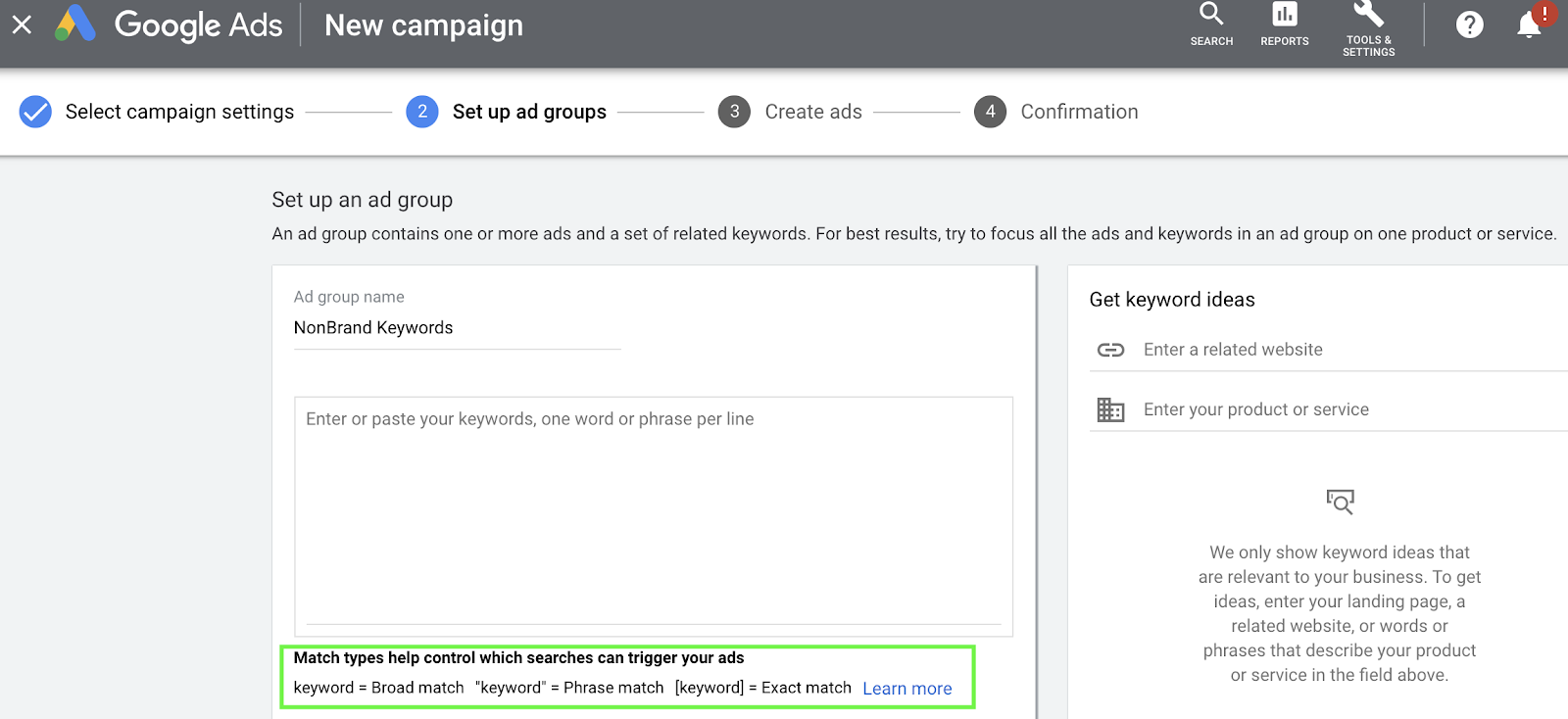 Google Campaign Builder's options for keyword groups.