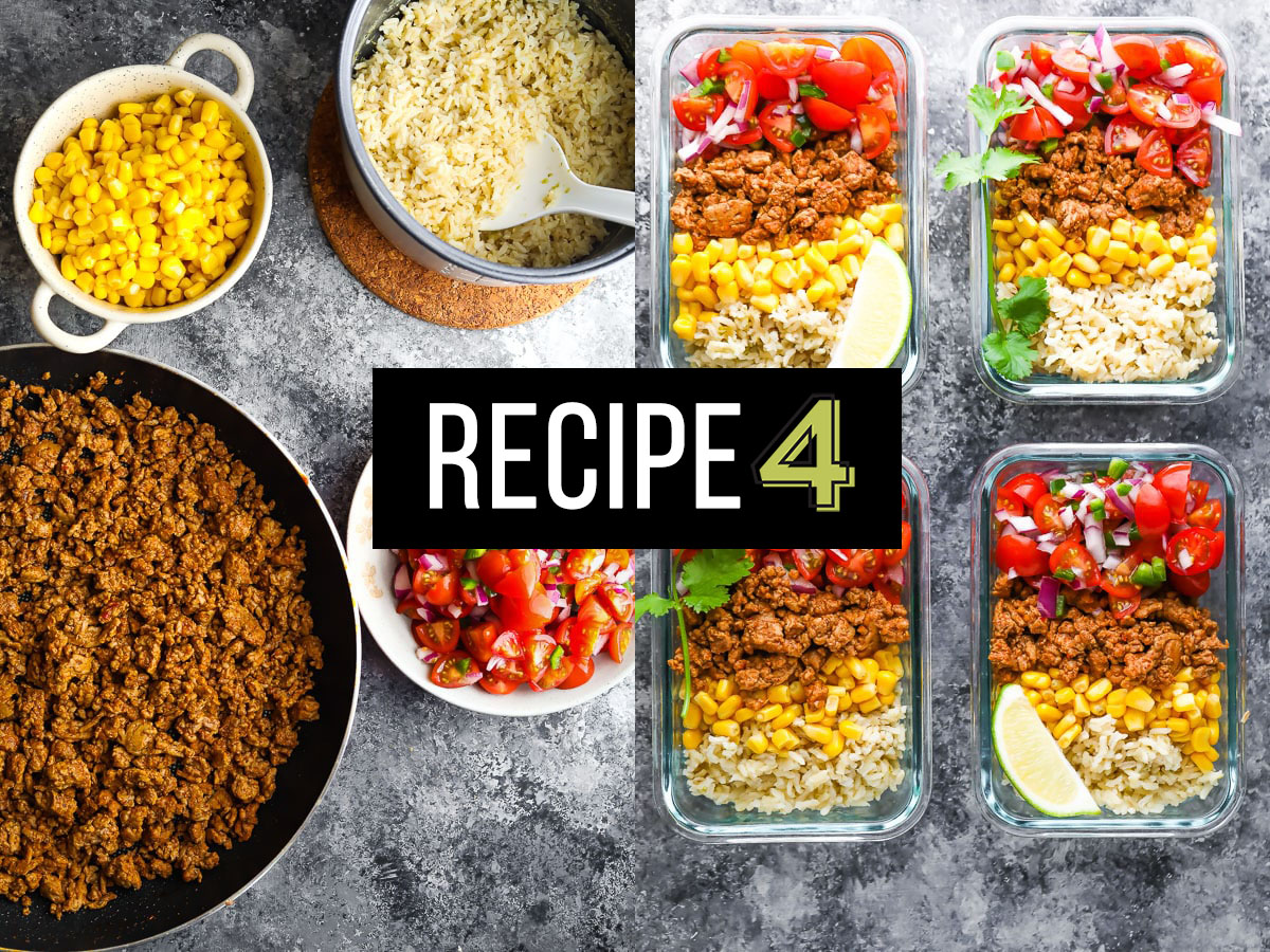 Collage image of ingredients in pans and meal prep containers with text overlay saying Recipe 4