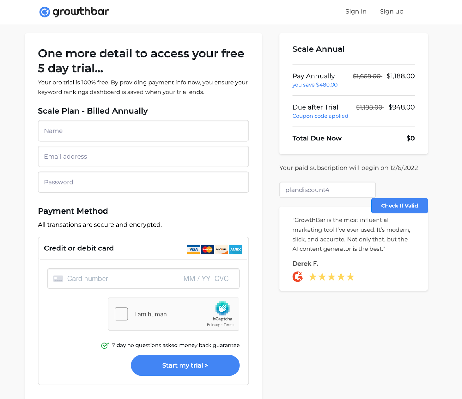 Screenshot of the payment page in GrowthBar and shows how to get a free trial