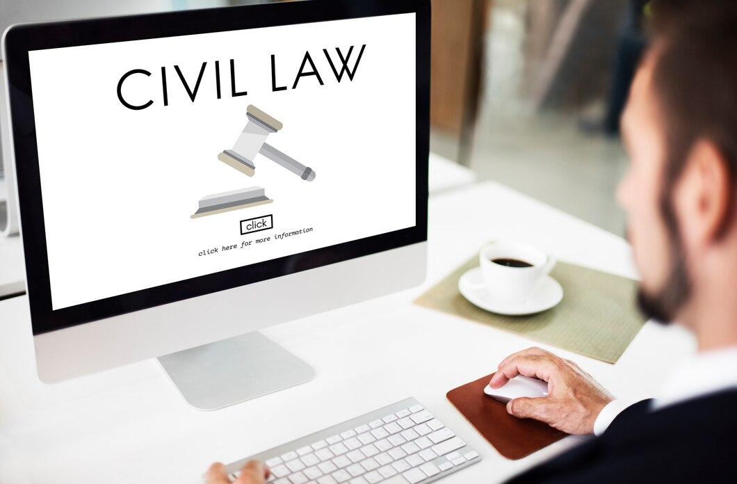 Person at a desk with 'Civil Law' on the computer screen.
