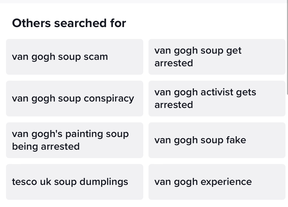 A screenshot of the related searches for "van gogh soup" on TikTok