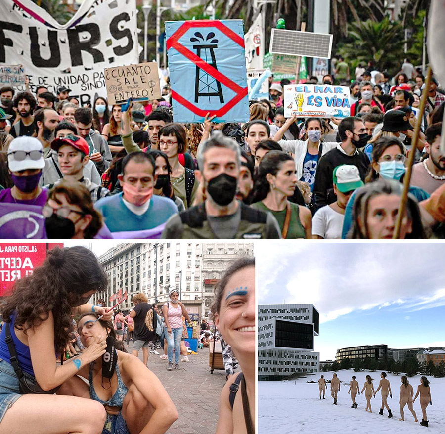 Top: A huge rally in Argentina. Bottom left: Argenitine women prepare for a march with blue face paint. Bottom right: A line of naked Norwegians march through snow to the Equinor HQ.