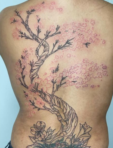 Tree With Flower Lower Back Tattoo