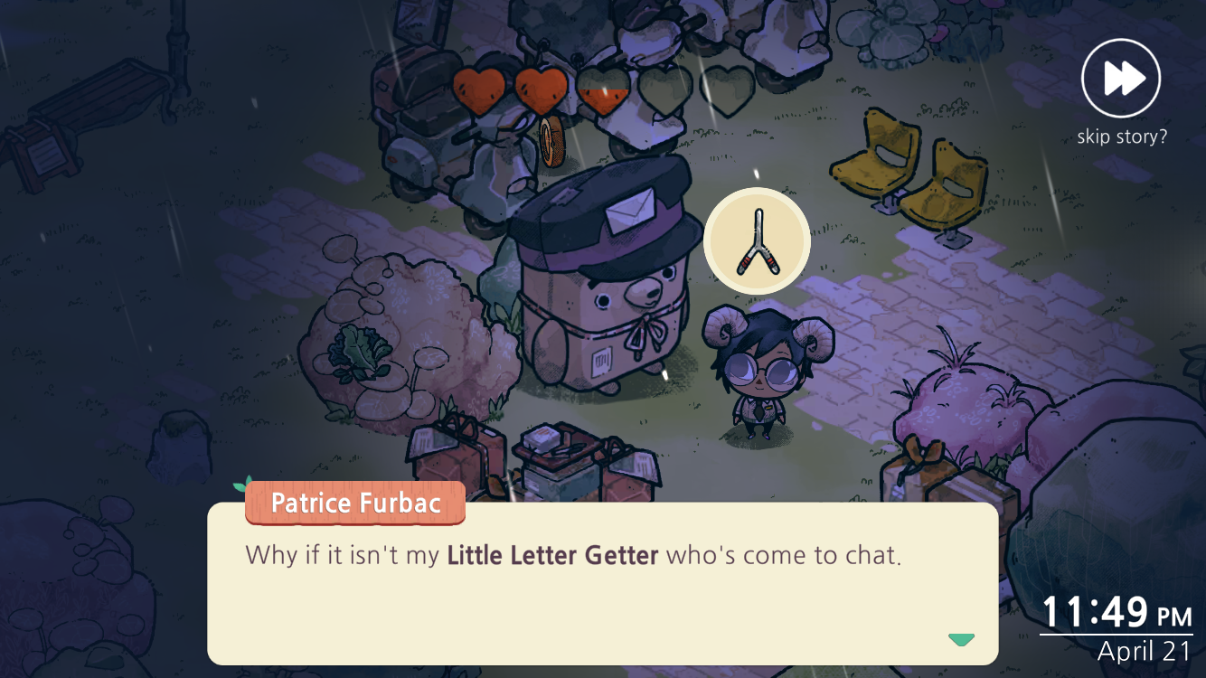 Cozy Grove screenshot with character named Patrice Furbac saying "Why if it isn't my Little Letter Getter who's come to chat." 