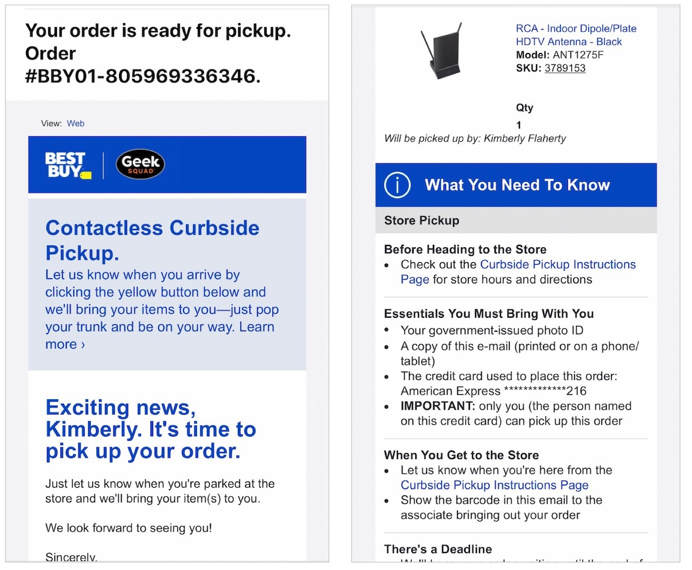 Order pickup notification from Best Buy.