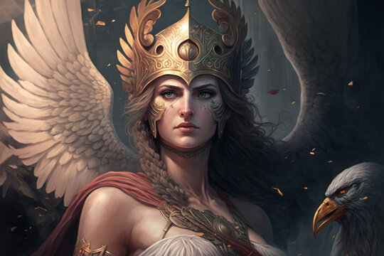 In this illustration, Athena is wearing a golden armored helmet and wings, with a fierce expression on her beautiful face.