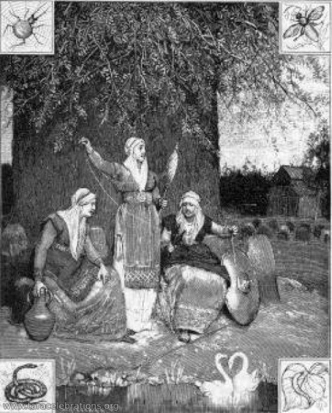 In this illustration, three women wearing robes celebrate Disablot.
