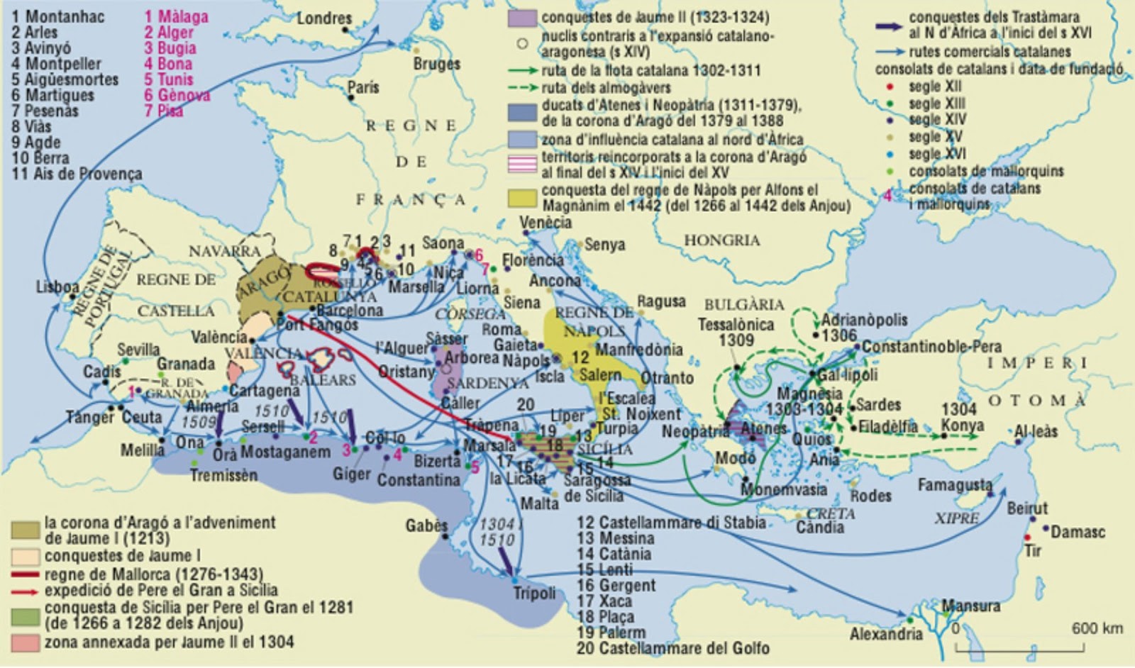 Mapa de la expansión medieval catalana en el Mediterráneo. Fuente Enciclopedia