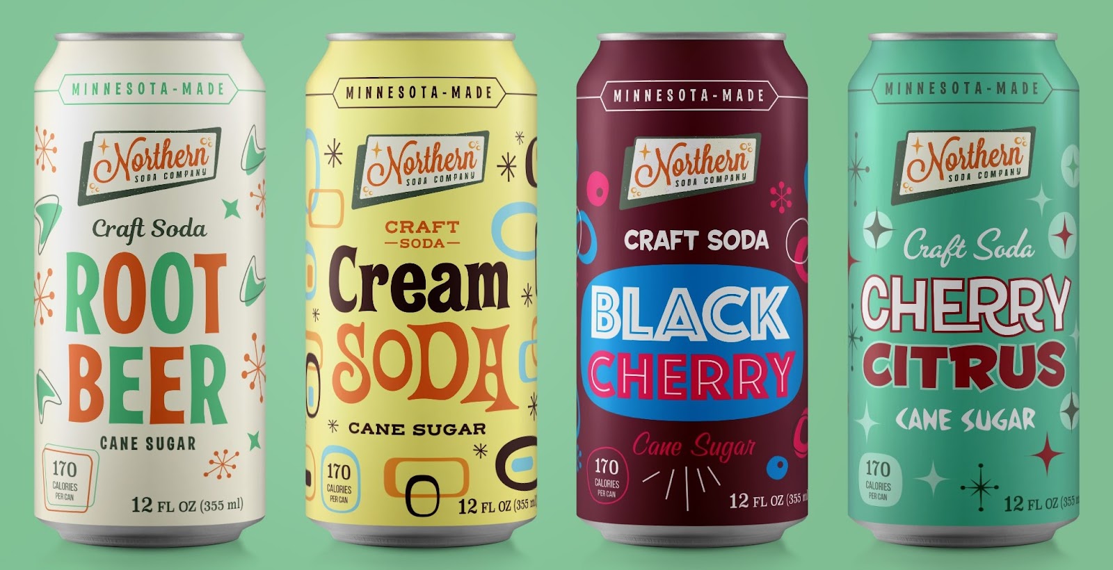 Four Retro designed soda cans from Northern soda company. Photo by Pepper Pack Company 