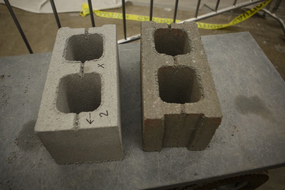 Two concrete bricks made with recycled carbon dioxide.