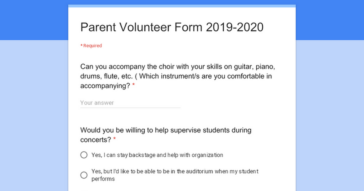 Parent Volunteer Form 2019-2020