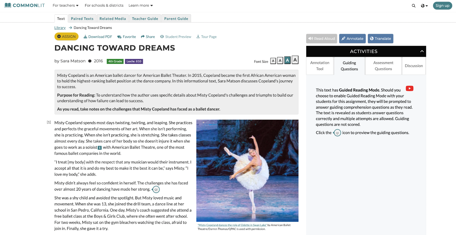 A screenshot of the lesson "Dancing Toward Dreams" 