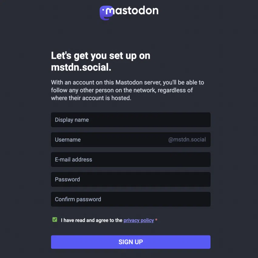 Mastodon Registration Sign Up Anmeldeformular