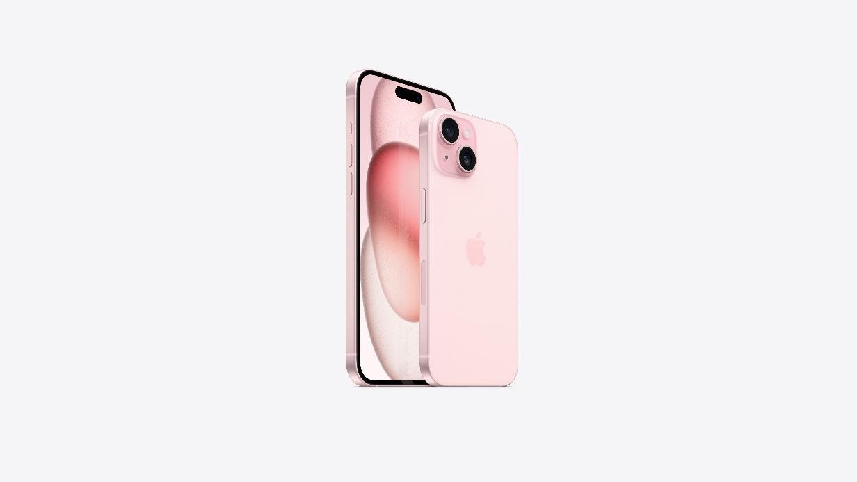iPhone 15 Plus, front, all screen design, Dynamic Island centered near top, iPhone 15, Pink finish back, advanced camera system in top left corner, Apple logo in center.
