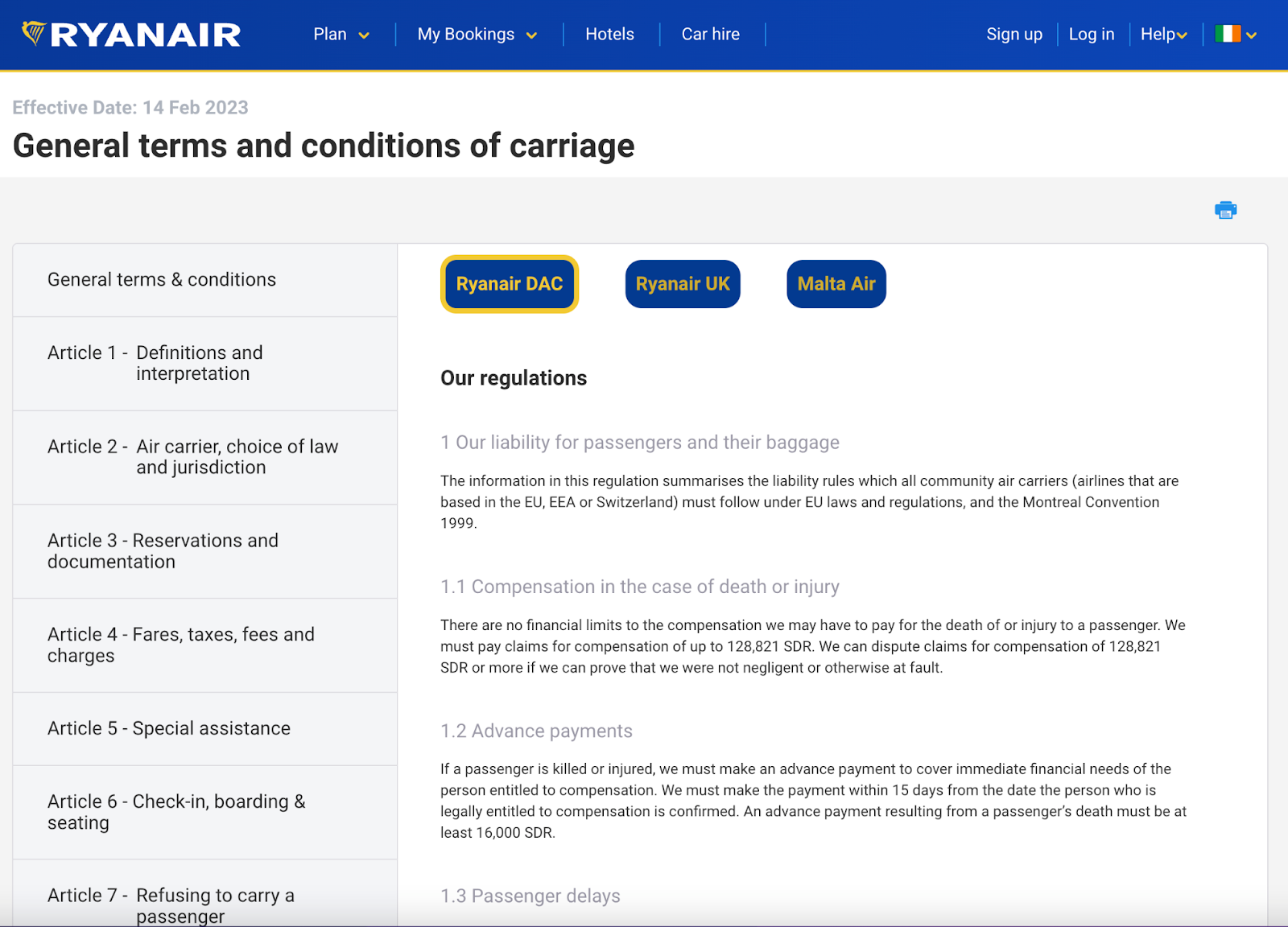 terms and conditions example for ryan air