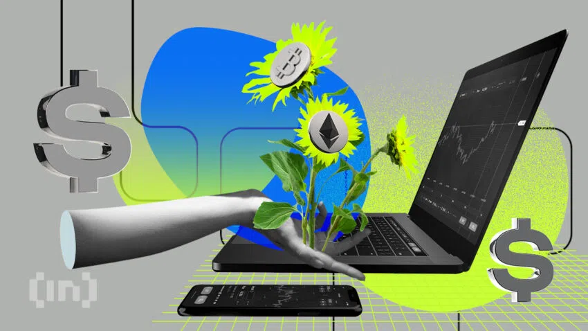 Man sieht eine Hand mit Blumen, auf denen Kryptos wie Bitcoin und Ethereum abgebildet sind, sowie einen Laptop und Handy mit Trading Dashboard und Dollar Zeichen - Ein Bild von BeInCrypto.com.